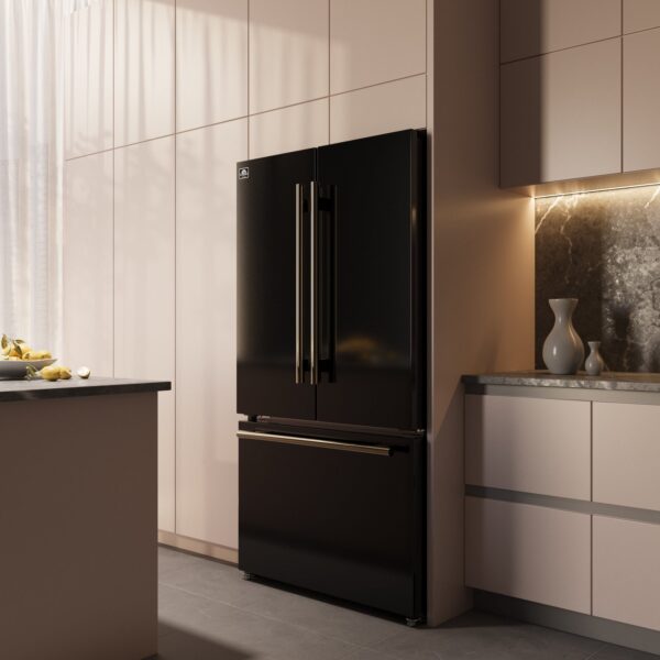 Forno Rivello 36 Inch French Door Refrigerator in Black with Antique Brass, Internal Water Dispenser