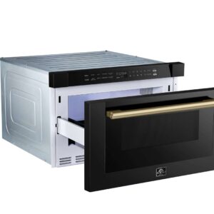 Microwave_FMWDR3000-24BLK_2024-08_Angled_Left_Door_Open_Antique_Brass_V1.jpg