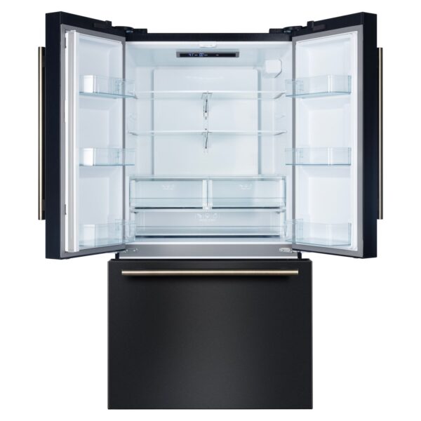 Forno Rivello 36 Inch French Door Refrigerator in Black with Antique Brass, Internal Water Dispenser