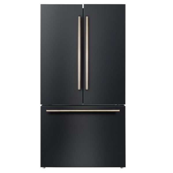 Forno Rivello 36 Inch French Door Refrigerator in Black with Antique Brass, Internal Water Dispenser