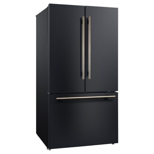 Forno Rivello 36 Inch French Door Refrigerator in Black with Antique Brass, Internal Water Dispenser