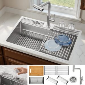 FORNO ACQUA 33 in. Drop-In/Undermount 3-Level Workstation Sink with Waterfall Faucet & Glass Rinser