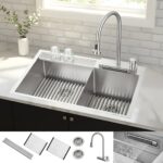 FORNO ACQUA 33 in. Drop-In/Undermount 40/60 Double Bowl Stainless Steel Sink with Waterfall Faucet