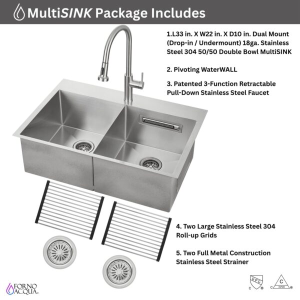 FORNO ACQUA 33 in. Drop-In/Undermount 50/50 Double Bowl Stainless Steel Sink with Faucet & Waterfall