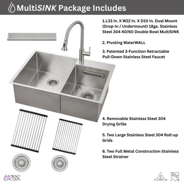 FORNO ACQUA 33 in. Drop-In/Undermount 40/60 Double Bowl Sink with Retractable Faucet & Waterfall