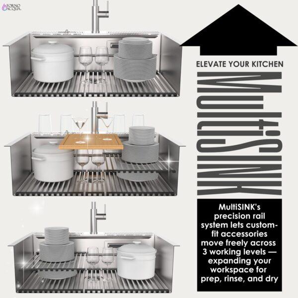 FORNO ACQUA 33 in. Drop-In/Undermount MultiSINK Workstation Sink with Waterfall Faucet & Glass Rinser