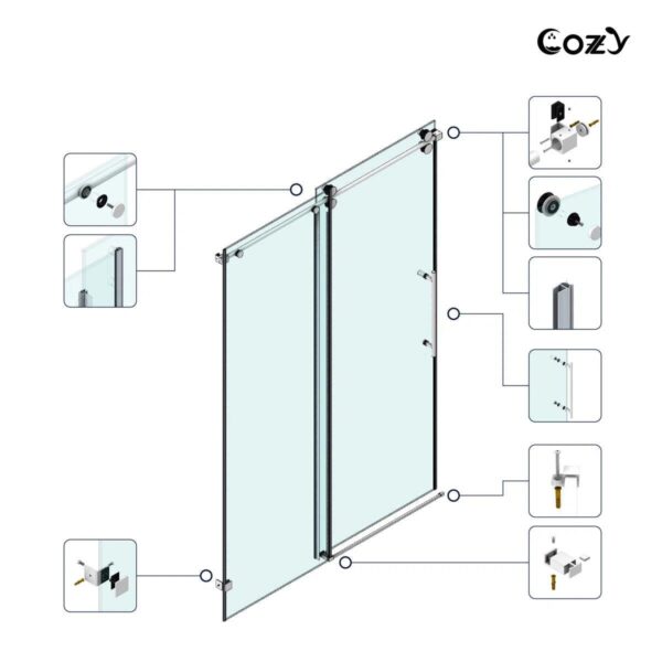 Cozy 50"-55"W x 76"H Frameless Single Sliding Shower Door, 3/8" Tempered Glass