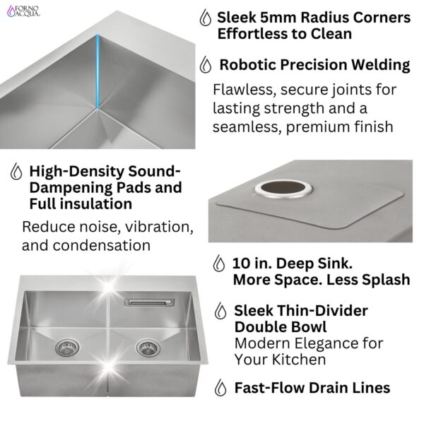 FORNO ACQUA 33 in. Drop-In/Undermount 50/50 Double Bowl Stainless Steel Sink with Faucet & Waterfall