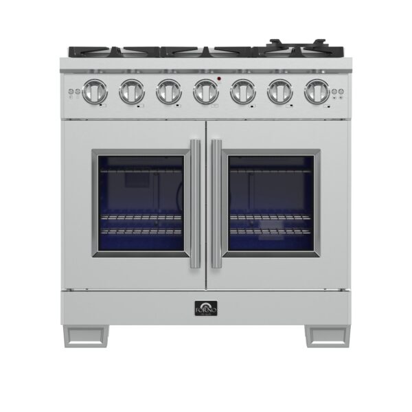 Forno Capriasca 36-Inch Freestanding French Door Gas Range, 6 Burners, Convection Oven, Energy Efficient