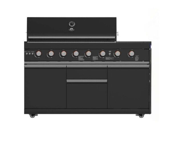Forno All’Aperto 99,600 BTU Outdoor Kitchen, 5 Burners, Infrared Burners, Side Burner, Black Sintered Stone Countertops, Gas Pizza Oven, Sink Module, Bar & Beverage Center