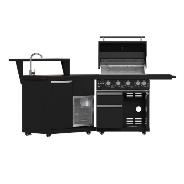 Forno All’Aperto 62,600 BTU BBQ, 3 Stainless Steel Burners, Infrared Burners, Sink Module, Black Sintered Stone Countertops, Bar and Beverage Center