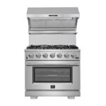 Forno Capriasca 36-Inch Gas Range, Stainless Steel, 6 Brass Burners, 120,000 BTU, Convection Oven, Energy Efficient