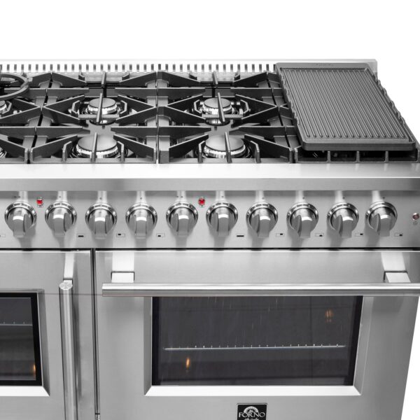 FORNO Galiano 48-Inch French Door Dual Fuel Range All Stainless Steel, 8 Sealed Burners, 107,000 BTU, Griddle, 6.58 cu.ft. Double Ovens
