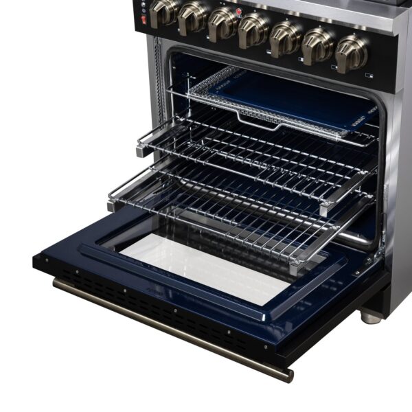 Forno Massimo 30-Inch Freestanding Dual Fuel Range in Black with Antique Brass Accessories, 4 Burners, 4.32 cu. ft. Convection Oven