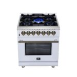 Forno Massimo 30-Inch Freestanding Dual Fuel Range in White with Antique Brass Accessories, 4 Burners, 4.32 cu. ft. Convection Oven