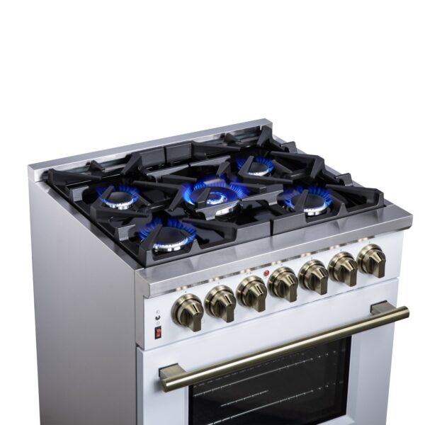 Forno Massimo 30-Inch Freestanding Dual Fuel Range in White with Antique Brass Accessories, 4 Burners, 4.32 cu. ft. Convection Oven