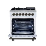 Forno Massimo 30-Inch Freestanding Dual Fuel Range in White with Antique Brass Accessories, 4 Burners, 4.32 cu. ft. Convection Oven