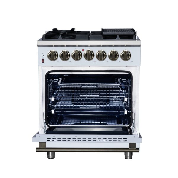 Forno Massimo 30-Inch Freestanding Dual Fuel Range in White with Antique Brass Accessories, 4 Burners, 4.32 cu. ft. Convection Oven