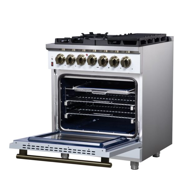 Forno Massimo 30-Inch Freestanding Dual Fuel Range in White with Antique Brass Accessories, 4 Burners, 4.32 cu. ft. Convection Oven