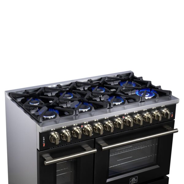 Forno Massimo 48 Inch Freestanding Dual Fuel Range in Black with Antique Brass Accessories, 8 Burners, 6.58 cu. ft. Convection Oven