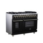 Forno Massimo 48 Inch Freestanding Dual Fuel Range in Black with Antique Brass Accessories, 8 Burners, 6.58 cu. ft. Convection Oven