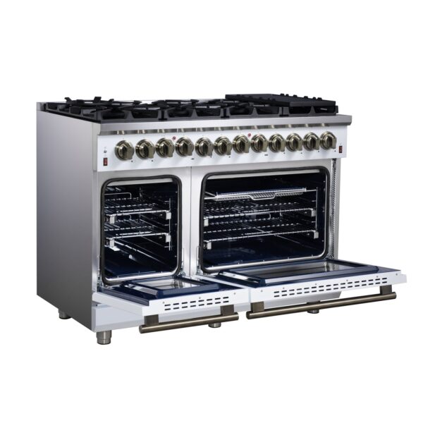 Forno Massimo 48 Inch Freestanding Dual Fuel Range in White with Antique Brass Accessories, 8 Burners, 6.58 cu. ft. Convection Oven