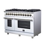 Forno Massimo 48 Inch Freestanding Dual Fuel Range in White with Antique Brass Accessories, 8 Burners, 6.58 cu. ft. Convection Oven