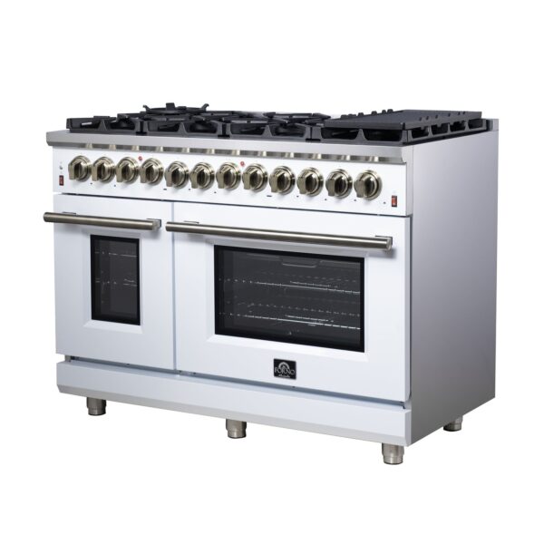 Forno Massimo 48 Inch Freestanding Dual Fuel Range in White with Antique Brass Accessories, 8 Burners, 6.58 cu. ft. Convection Oven