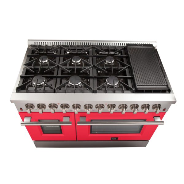 Forno Galiano 48-Inch Freestanding Dual Fuel Range, 8 Burners, Double Convection Ovens, Red Doors