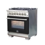 Forno Capriasca 30-Inch Freestanding Dual Fuel Range, 4 Burners, True Convection Oven, Black Door
