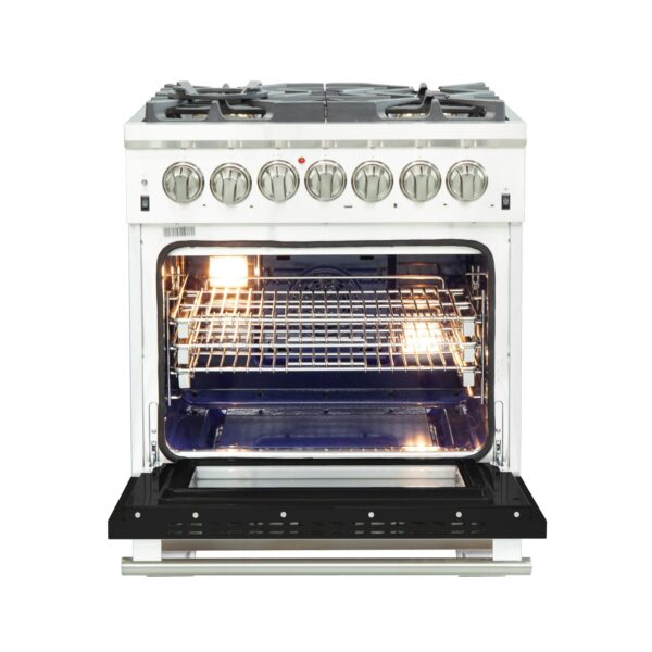 Forno Capriasca 30-Inch Freestanding Dual Fuel Range, 4 Burners, True Convection Oven, Black Door