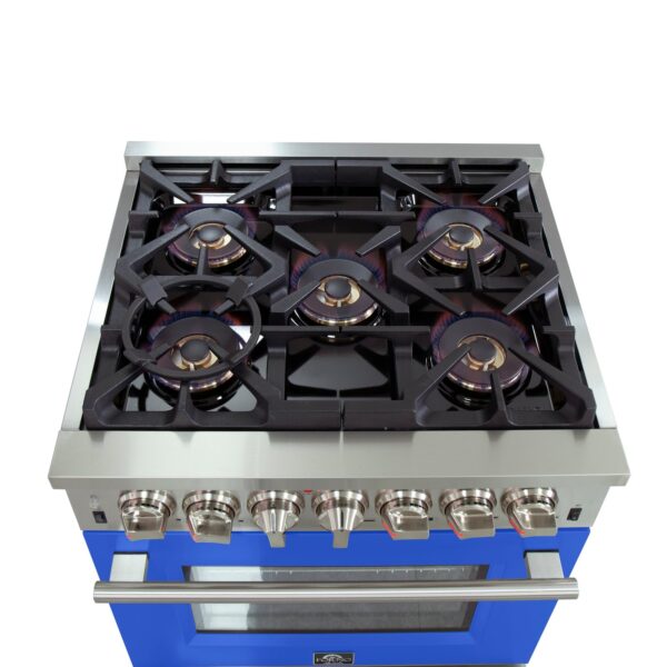 Forno Capriasca 30-Inch Freestanding Dual Fuel Range, 4 Burners, True Convection Oven, Blue Door