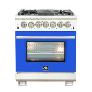 Forno Capriasca 30-Inch Freestanding Dual Fuel Range, 4 Burners, True Convection Oven, Blue Door