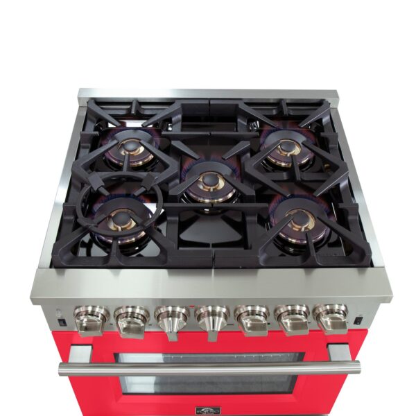 Forno Capriasca 30-Inch Freestanding Dual Fuel Range, 4 Burners, True Convection Oven, Red Door