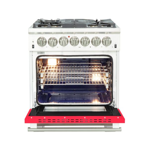 Forno Capriasca 30-Inch Freestanding Dual Fuel Range, 4 Burners, True Convection Oven, Red Door