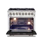 Forno Capriasca 36-Inch Freestanding Dual Fuel Range, 6 Burners, True Convection Oven, Black Door