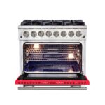 Forno Capriasca 36-Inch Freestanding Dual Fuel Range, 6 Burners, True Convection Oven, Red Door