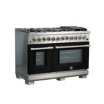 Forno Capriasca 48-Inch Freestanding Dual Fuel Range, 8 Burners, True Convection Oven, Black Doors