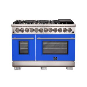 Forno Capriasca 48-Inch Freestanding Dual Fuel Range, 8 Burners, True Convection Oven, Blue Doors