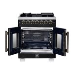 Forno Capriasca 30-Inch Freestanding French Door Dual Fuel Range in Black with Antique Brass Accessories, 5 Burners, True Convection Oven
