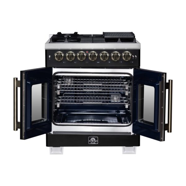 Forno Capriasca 30-Inch Freestanding French Door Dual Fuel Range in Black with Antique Brass Accessories, 5 Burners, True Convection Oven