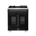 Forno Capriasca 30-Inch Freestanding French Door Dual Fuel Range in Black with Antique Brass Accessories, 5 Burners, True Convection Oven