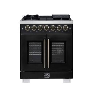 Forno Capriasca 30-Inch Freestanding French Door Dual Fuel Range in Black with Antique Brass Accessories, 5 Burners, True Convection Oven