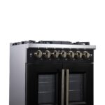 Forno Capriasca 30-Inch Freestanding French Door Dual Fuel Range in Black with Antique Brass Accessories, 5 Burners, True Convection Oven