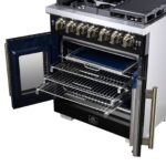 Forno Capriasca 30-Inch Freestanding French Door Dual Fuel Range in Black with Antique Brass Accessories, 5 Burners, True Convection Oven