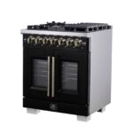 Forno Capriasca 30-Inch Freestanding French Door Dual Fuel Range in Black with Antique Brass Accessories, 5 Burners, True Convection Oven
