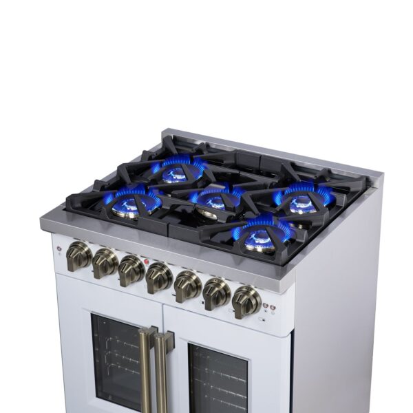 Forno Capriasca 30-Inch Freestanding French Door Dual Fuel Range in White with Antique Brass Accessories, 5 Burners, True Convection Oven