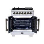 Forno Capriasca 30-Inch Freestanding French Door Dual Fuel Range in White with Antique Brass Accessories, 5 Burners, True Convection Oven