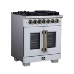 Forno Capriasca 30-Inch Freestanding French Door Dual Fuel Range in White with Antique Brass Accessories, 5 Burners, True Convection Oven
