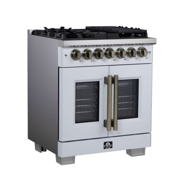 Forno Capriasca 30-Inch Freestanding French Door Dual Fuel Range in White with Antique Brass Accessories, 5 Burners, True Convection Oven